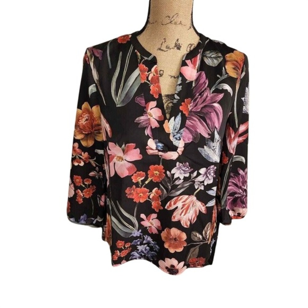 J. Crew Womens XS Black‎ Floral Split V-Neck 3/4 Sleeve Blouse Top Pullover